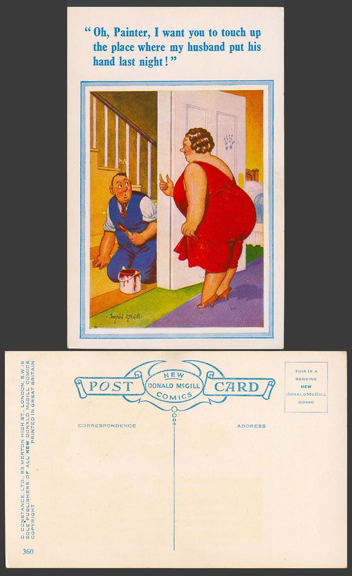 Donald McGill Old Postcard Fat Lady - Touch Up Place My Husband Put his Hand 360