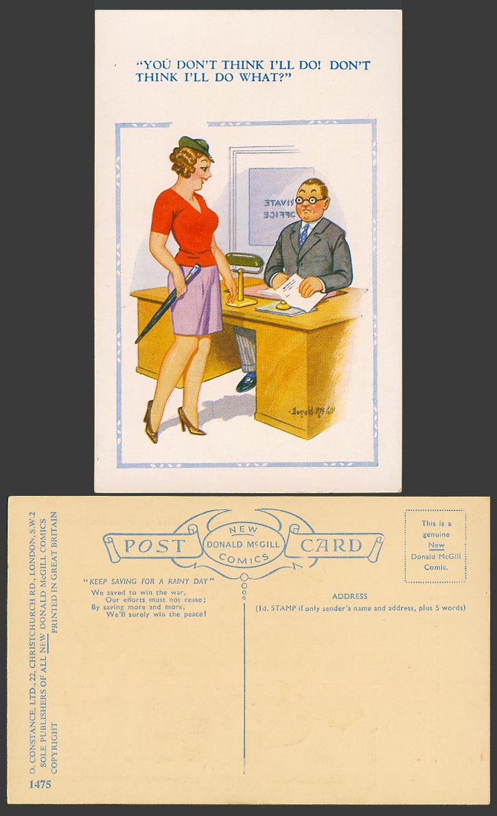 Donald McGill Old Postcard Private Office, You Don't think I'll do what? No.1475