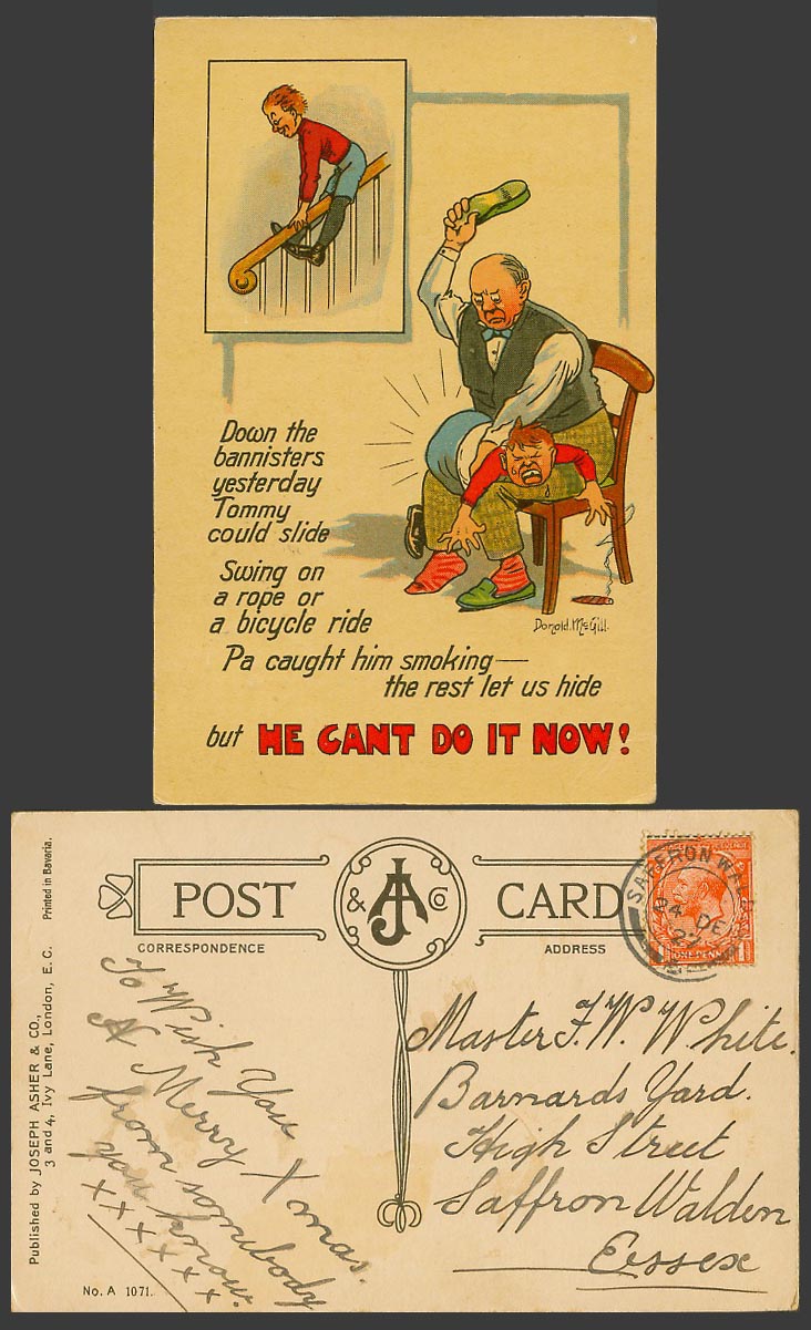 Donald McGill 1927 Old Postcard Spanking Bottom Tommy Boy, Pa caught him smoking