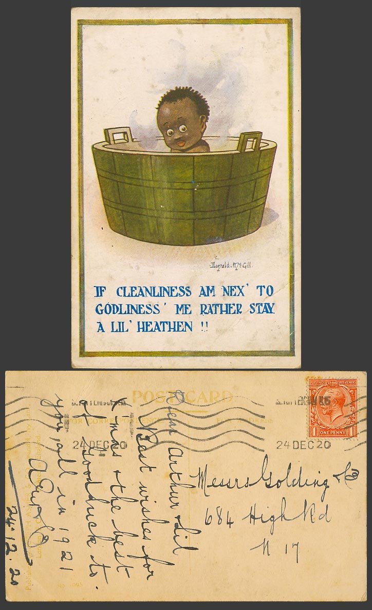 Donald McGill 1920 Old Postcard Black Boy Taking a Bath Bathtub stay lil Heathen