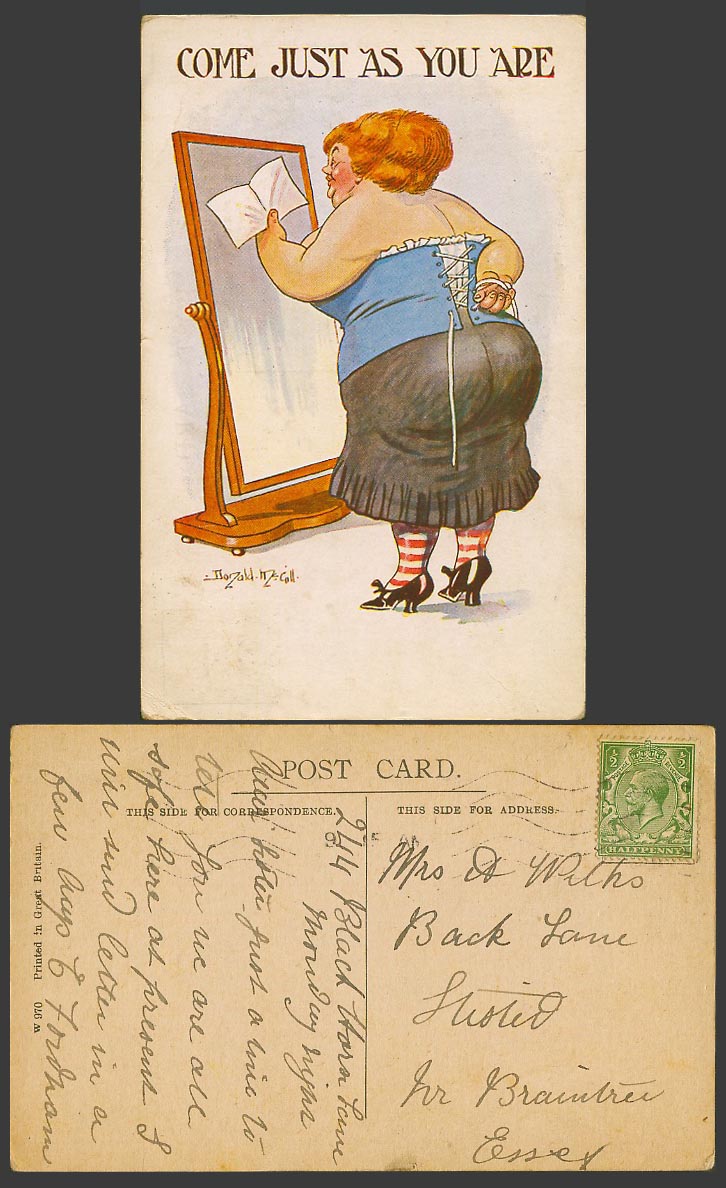 Donald McGill KG5 1/2d Old Postcard Come Just as You Are Fat Lady wearing Corset