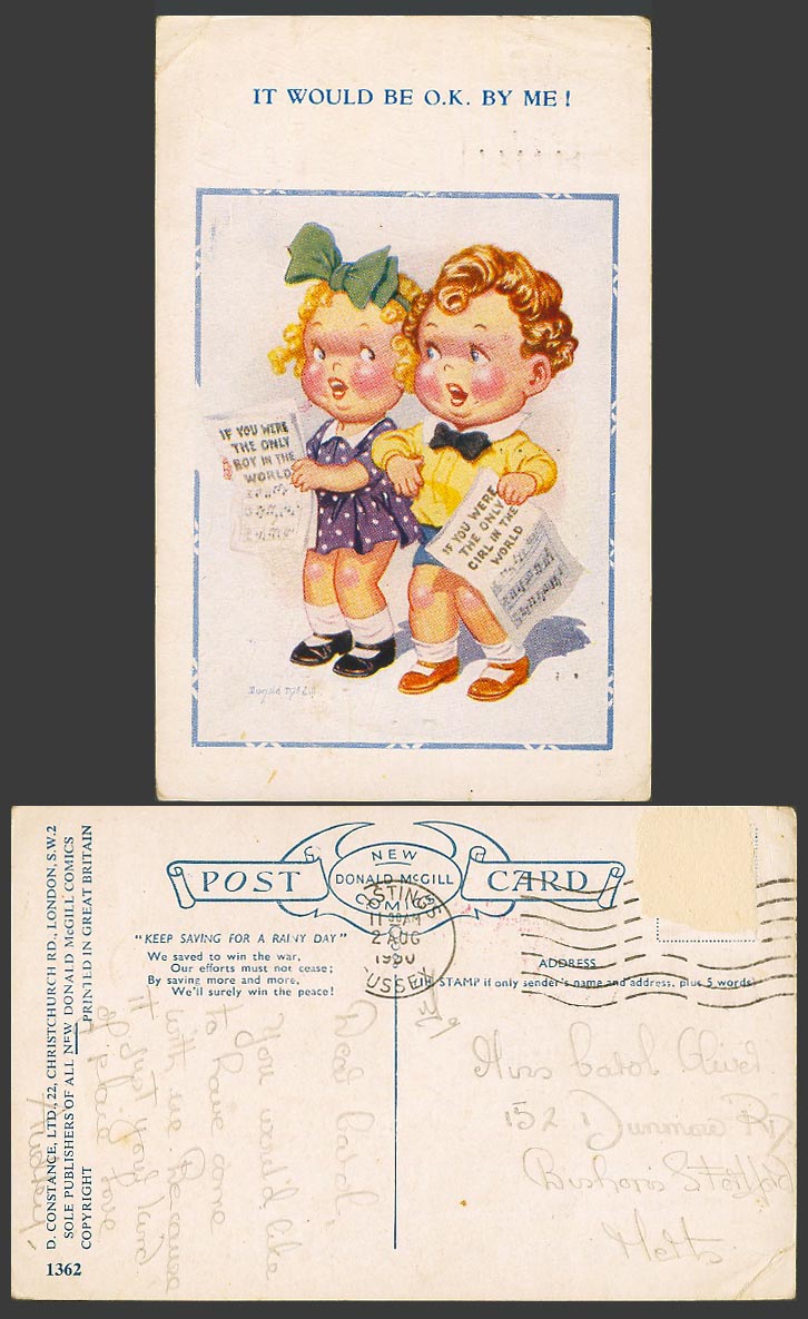Donald McGill 1950 Old Postcard Only Boy in the World It would be OK By Me! 1362