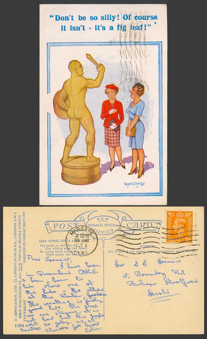 Donald McGill Old Postcard Museum, Man Sword Shield Statue, It's a Fig Leaf 1104