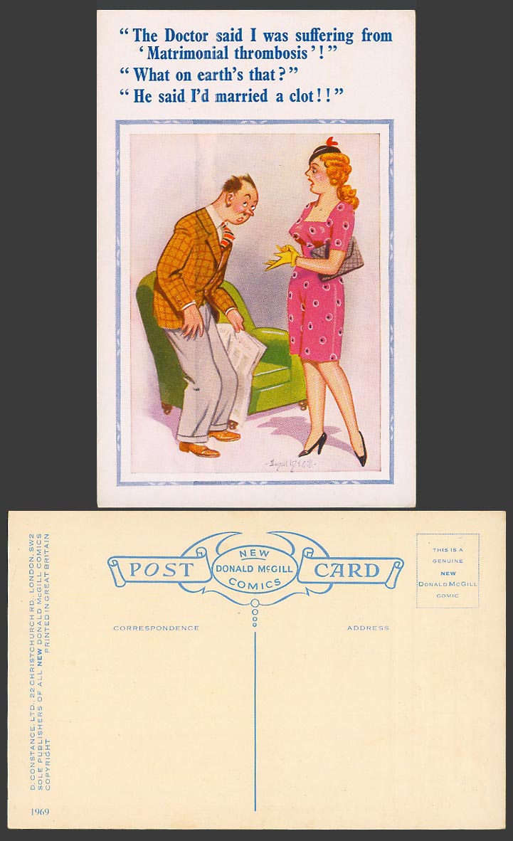 Donald McGill Old Postcard Doctor Say Matrimonial thrombosis Married a Clot 1969