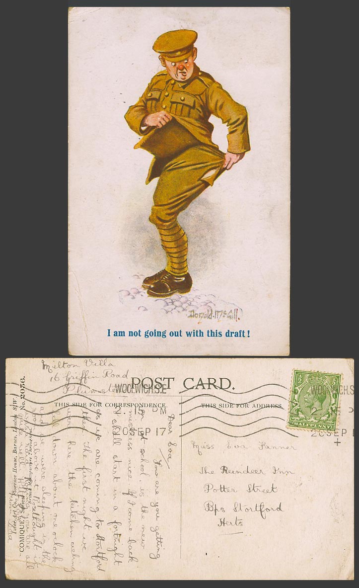 Donald McGill 1917 Old Postcard Soldier I am not going out with this draft! 2056