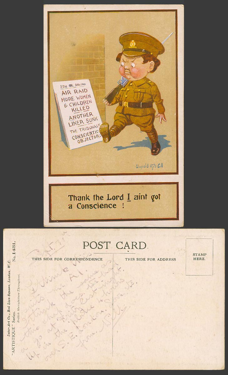 Donald McGill Old Postcard Soldier, Thank the Lord I ain't got a Conscience 1431