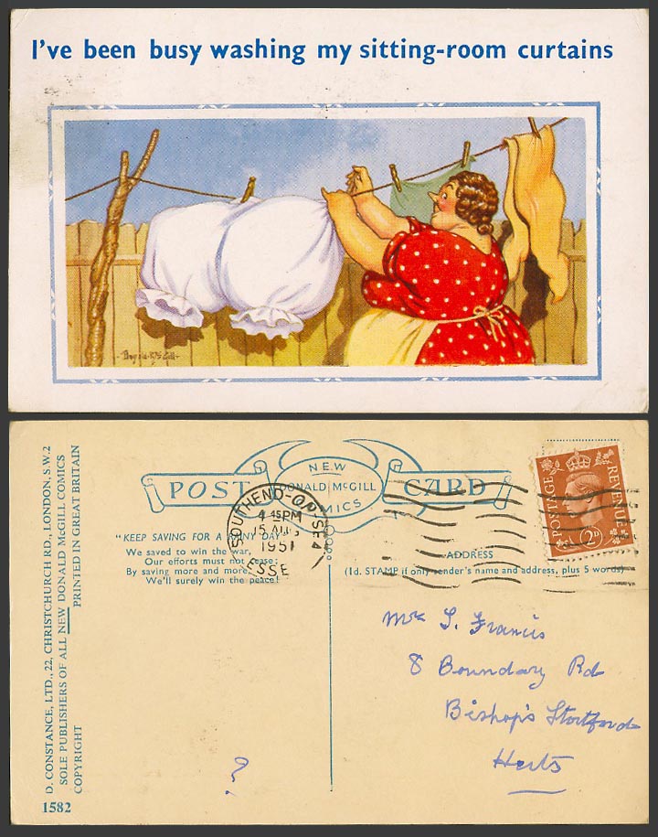 Donald McGill 1951 Old Postcard Fat Woman Busy Washing Sitting-Room Curtain 1582
