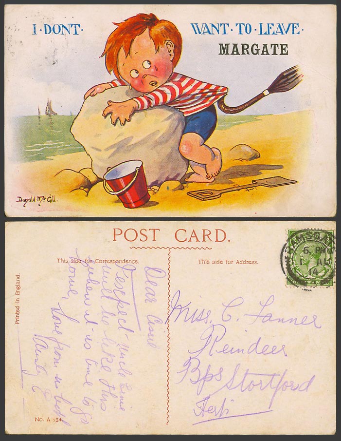 Donald McGill 1914 Old Postcard I Don't Want to Leave Margate (Kent) Beach A 534