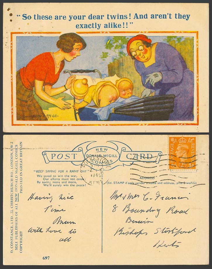 Donald McGill 1949 Old Postcard Twin Babies Twins Aren't They exactly alike! 697