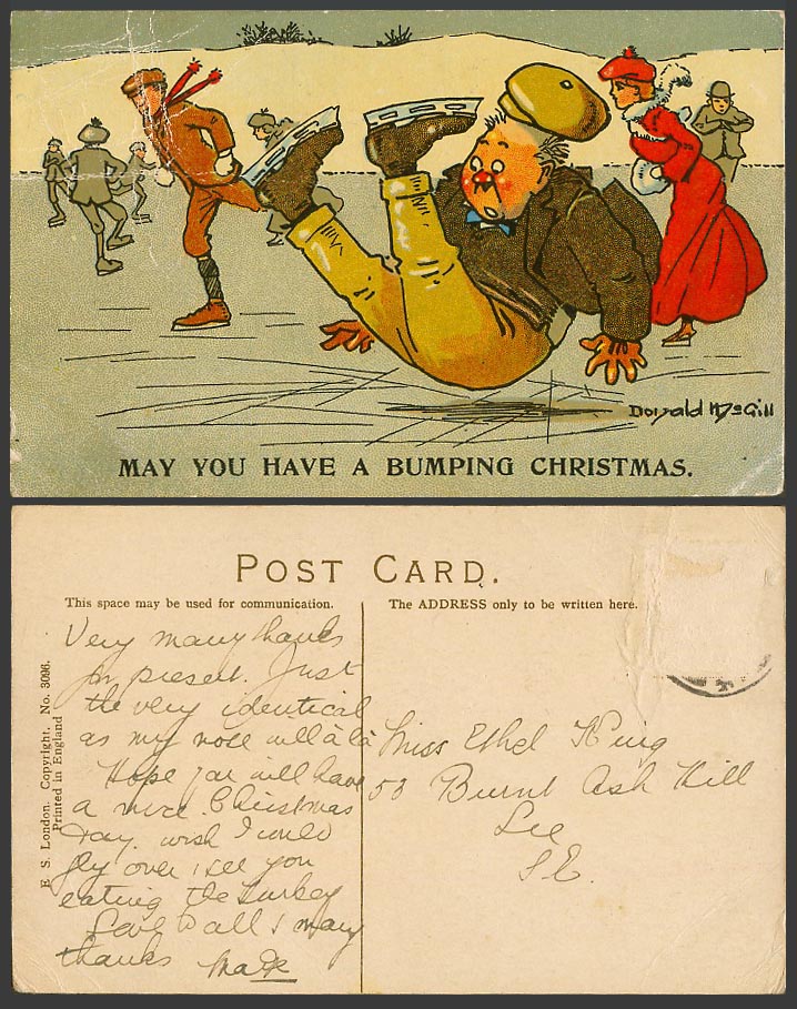 Donald McGill Old Postcard Ice Skating on Lake, May You Have a Bumping Christmas
