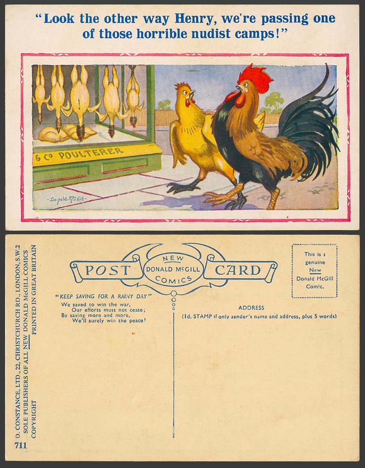 Donald McGill Old Postcard Rooster Hen Chicken Passing Horrible Nudist Camps 711
