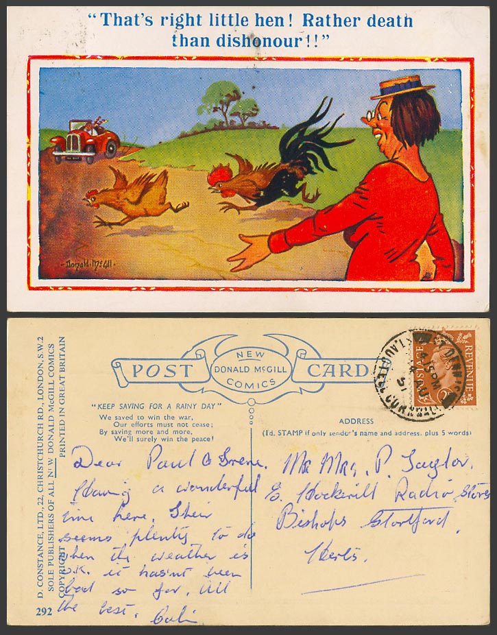 Donald McGill 1951 Old Postcard Hen Rather Death than Dishonour Rooster Bird 292