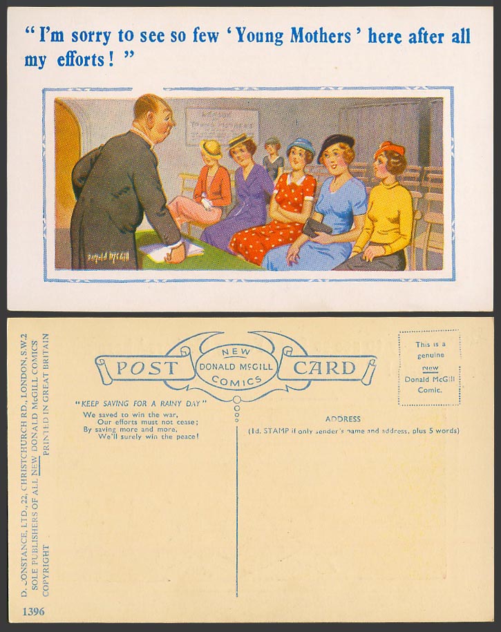 Donald McGill Old Postcard Sorry to see few Young Mothers after my efforts! 1396