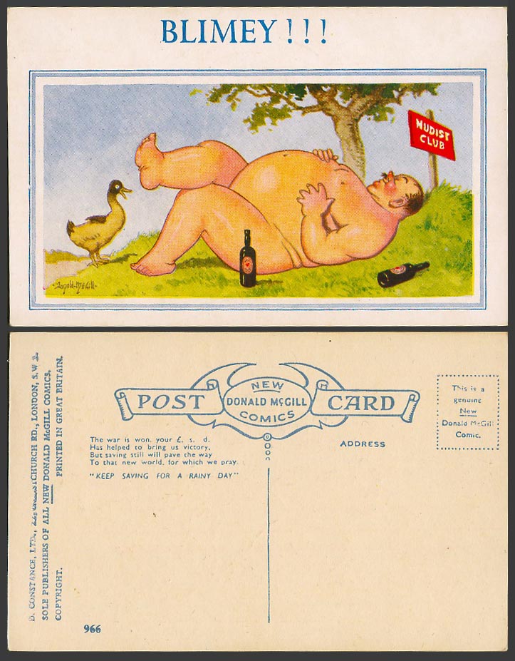 Donald McGill Old Postcard BLIMEY!!! Fat Man Duck Goose Bird Nudist Club No. 966