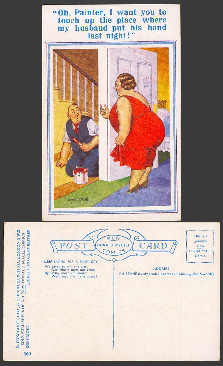 Donald McGill Old Postcard Fat Woman, Touch Up Place My Husband Put his Hand 360