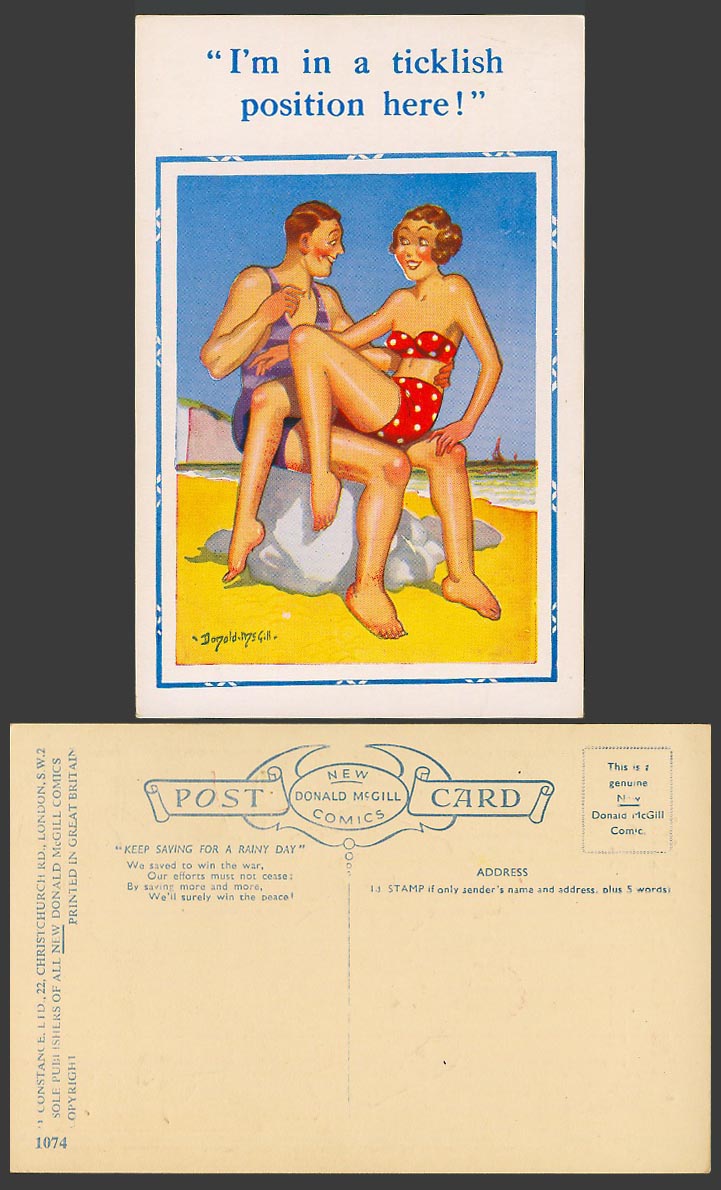 Donald McGill Old Postcard I'm in a ticklish position here! Beach, Seaside 1074