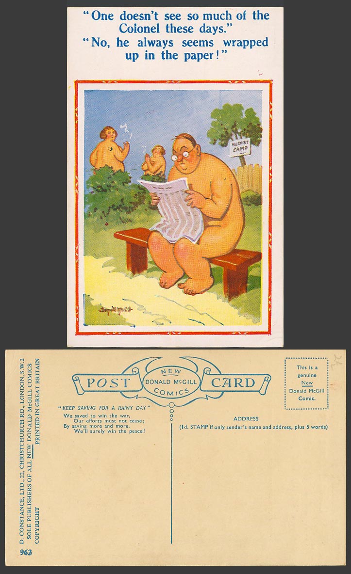 Donald McGill Old Postcard Fat Man, Colonel Wrapped up in Paper, Nudist Camp 963