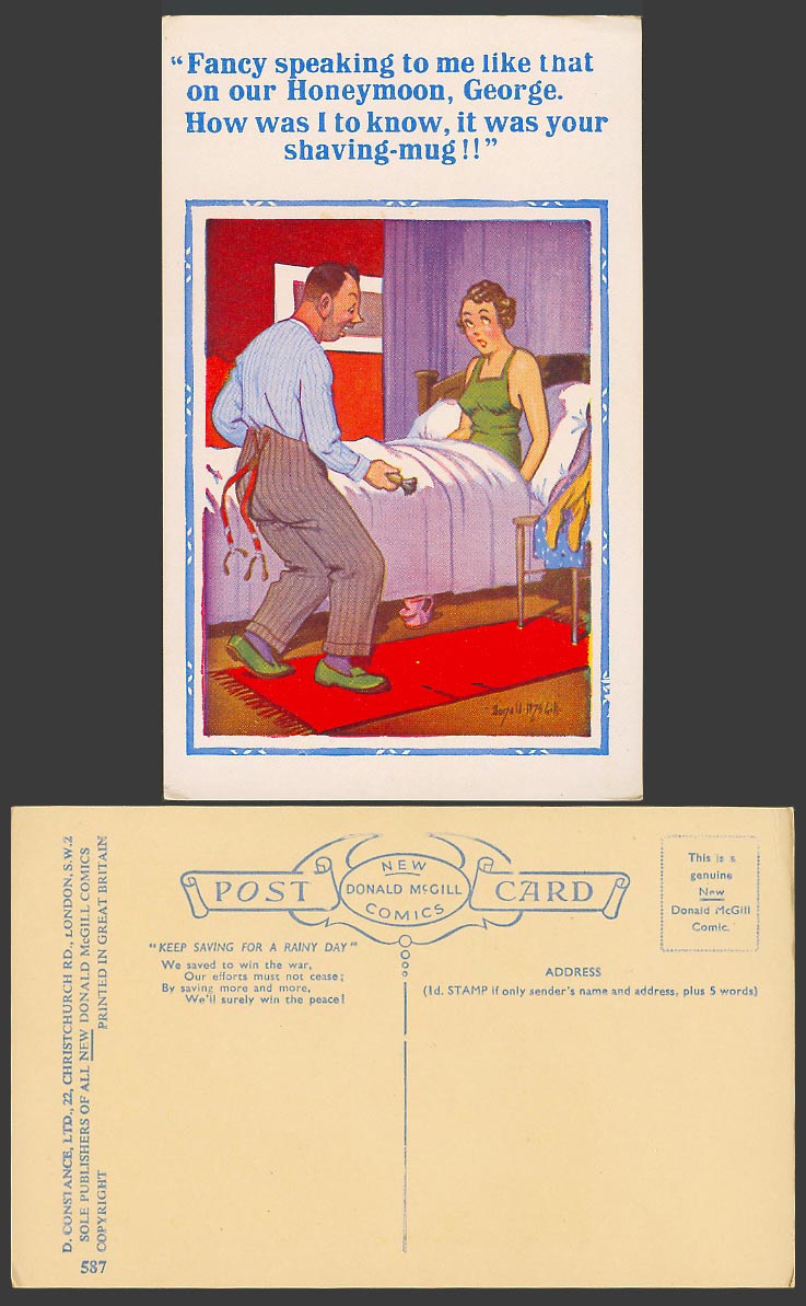 Donald McGill Old Postcard Honeymoon How I to know It was your Shaving Mug!! 587