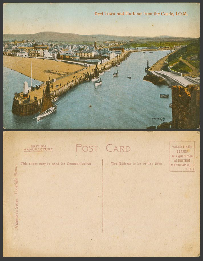 Isle of Man Old Colour Postcard Peel Town & Harbour from Castle Lighthouse Boats