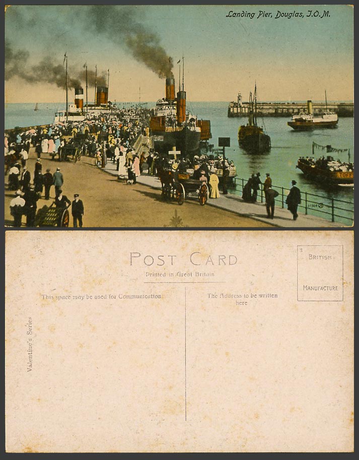 Isle of Man Old Colour Postcard Landing Pier Douglas Lighthouse Ships Boats Cart