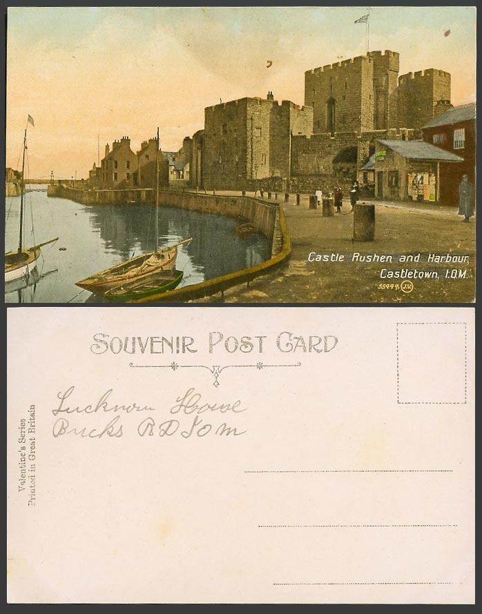 Isle of Man Old Colour Postcard Castle Rushen & Harbour Castletown, Boats Street