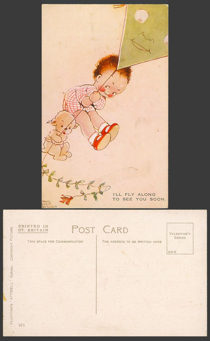 MABEL LUCIE ATTWELL Old Postcard I'll Fly Along To See You Soon Dog and KITE 975