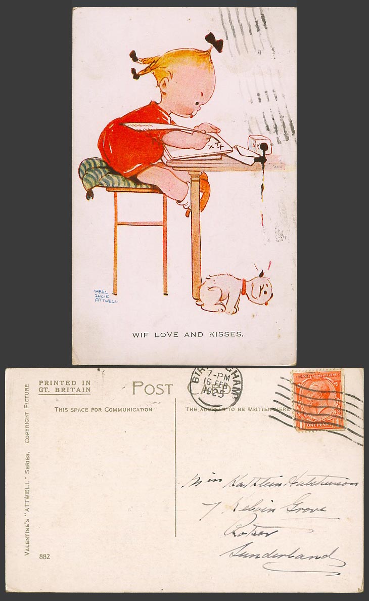MABEL LUCIE ATTWELL 1925 Old Postcard With Wif Love & Kisses. Girl, Dog, Ink 882