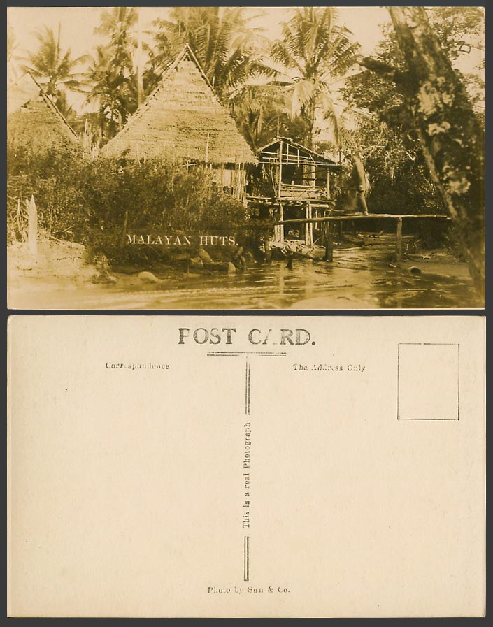 Singapore Old Real Photo Postcard Malayan Huts Houses on Stilts, Man on Bridge