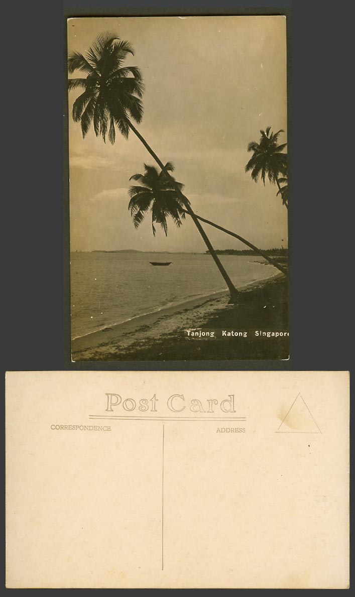 Singapore Old Real Photo Postcard Tanjong Katong, Beach Palm Trees Boat Panorama