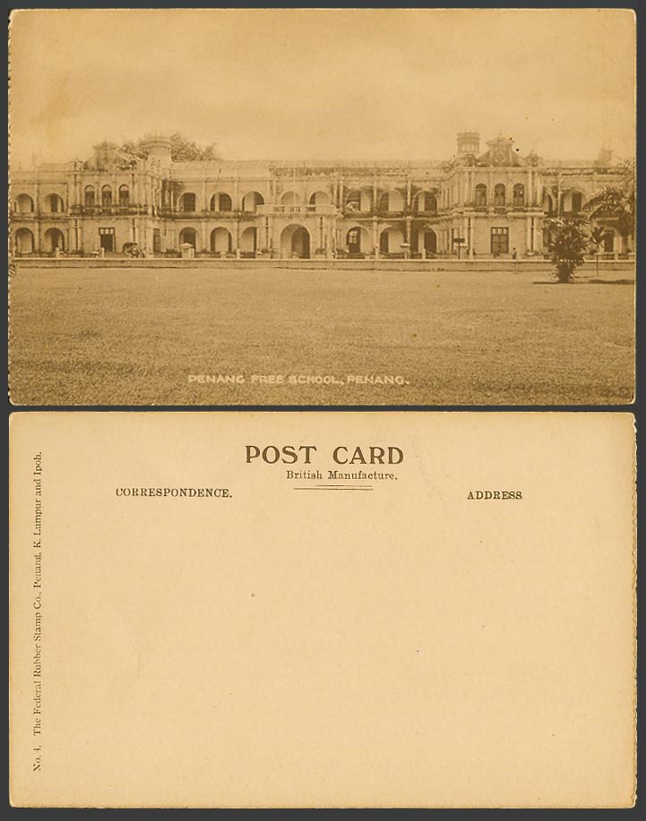 Penang Free School Buildings Old Postcard The Federal Rubber Stamp Co. Penang KL