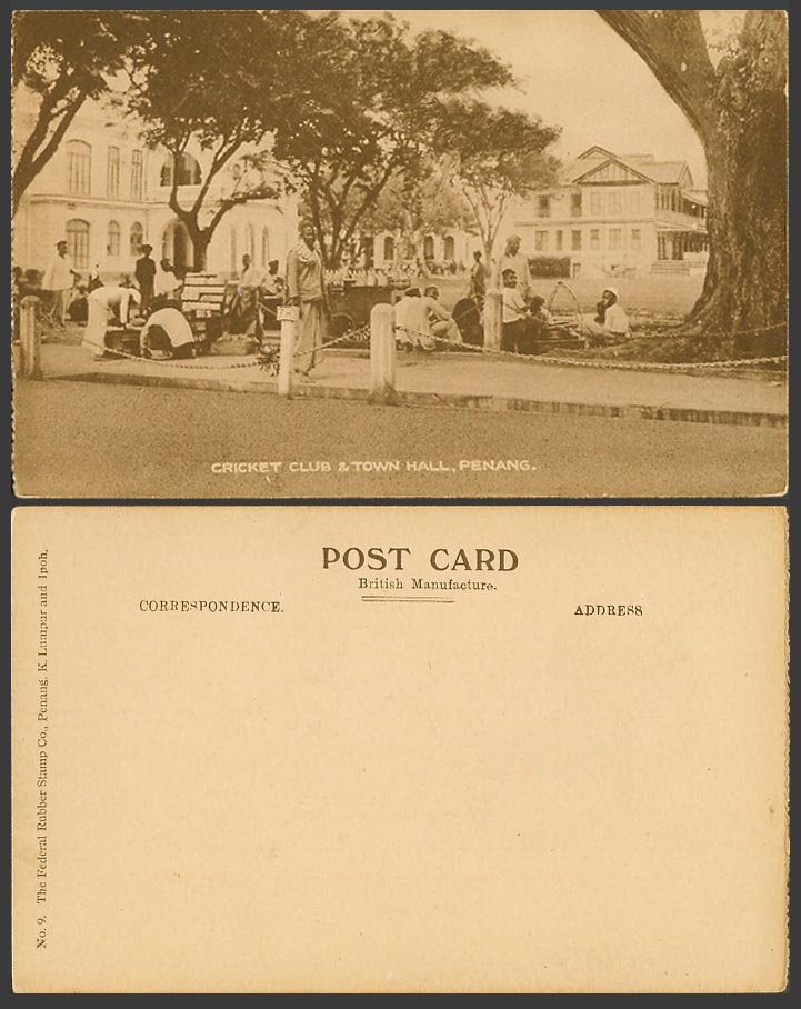 Penang Old Postcard Cricket Club and Town Hall, Roadside Sellers Vendors, Malaya