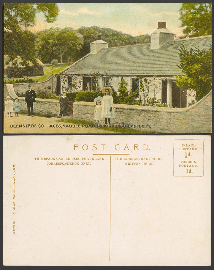 Isle of Man Old Postcard Deemster's Cottages, Saddle Road to Kirk Braddan, Girls