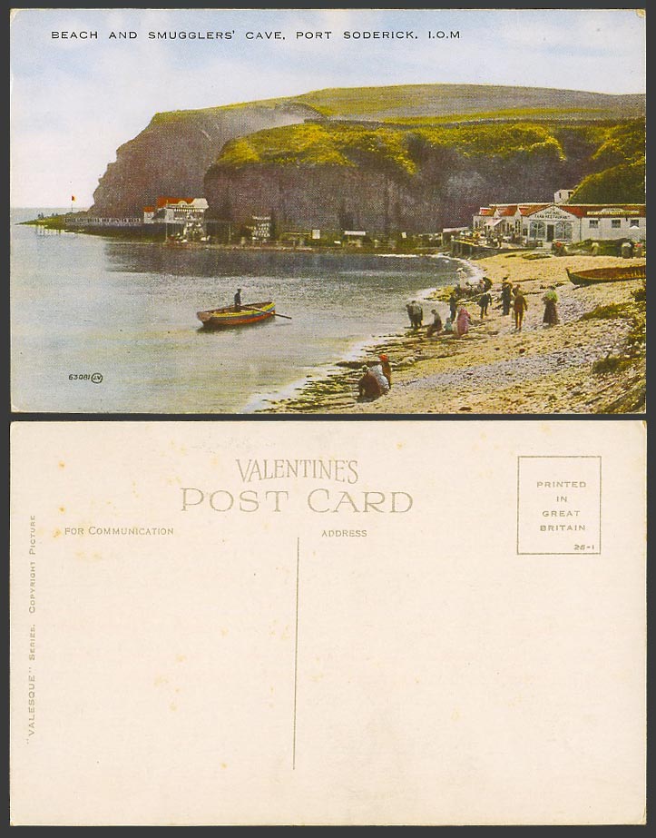Isle of Man Old Colour Postcard Beach & Smugglers Cave Port Soderick Boat Cliffs