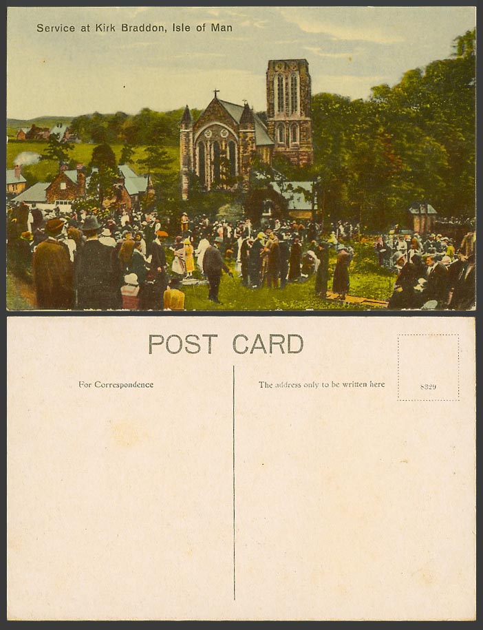 Isle of Man Old Colour Postcard Service at Kirk Braddon, Church Cathedral, Crowd