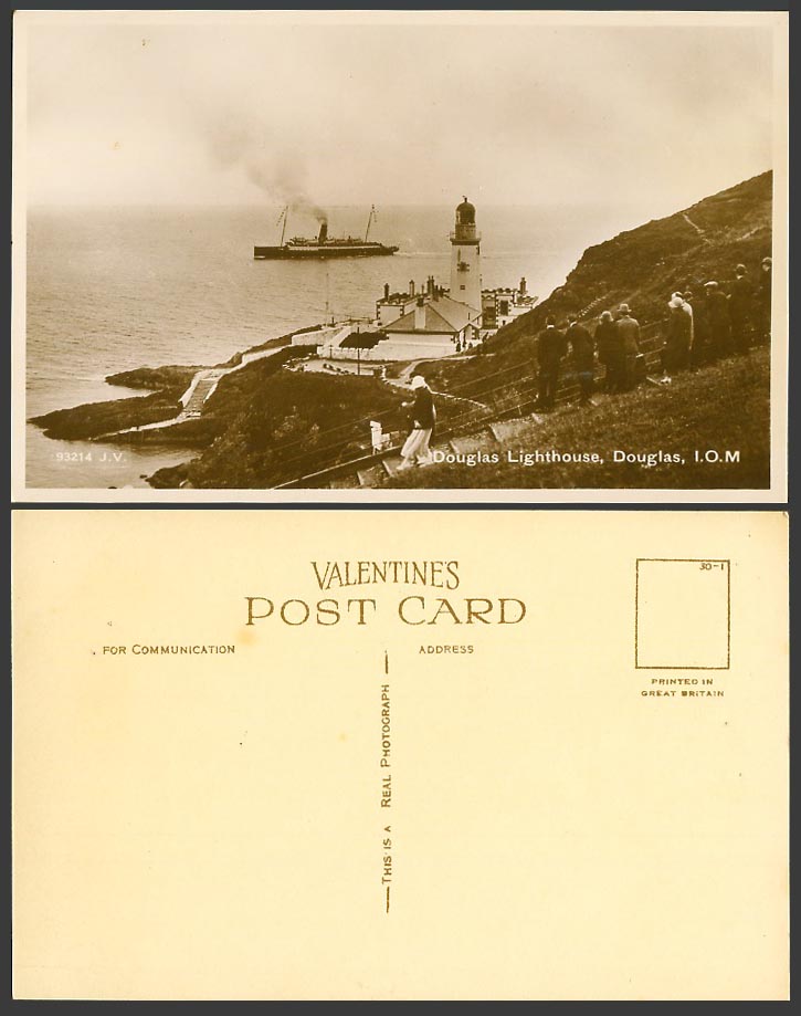 Isle of Man Old Real Photo Postcard Douglas Lighthouse Steamer Steam Ship Cliffs