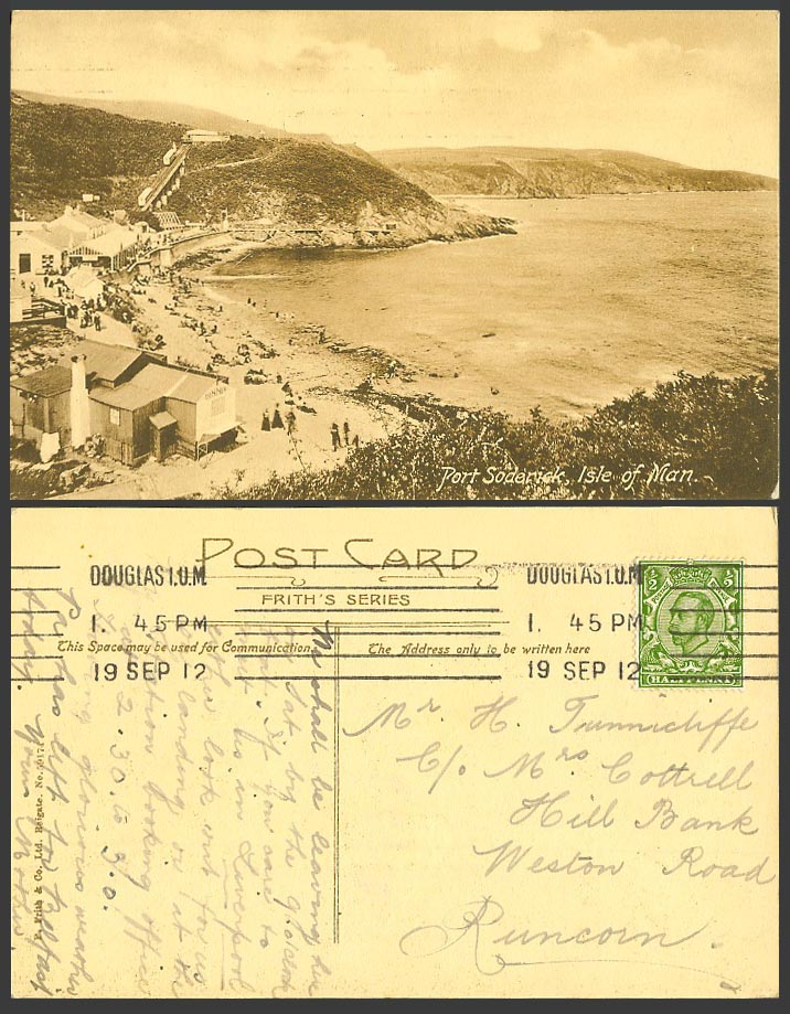 Isle of Man KG5 1/2d 1912 Old Postcard Port Soderick Dinner Beach Funicular TRAM