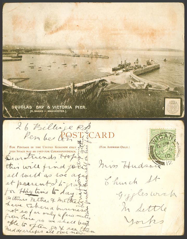 Isle of Man Old Postcard Douglas Bay Victoria Pier R Banks Manchester Lighthouse