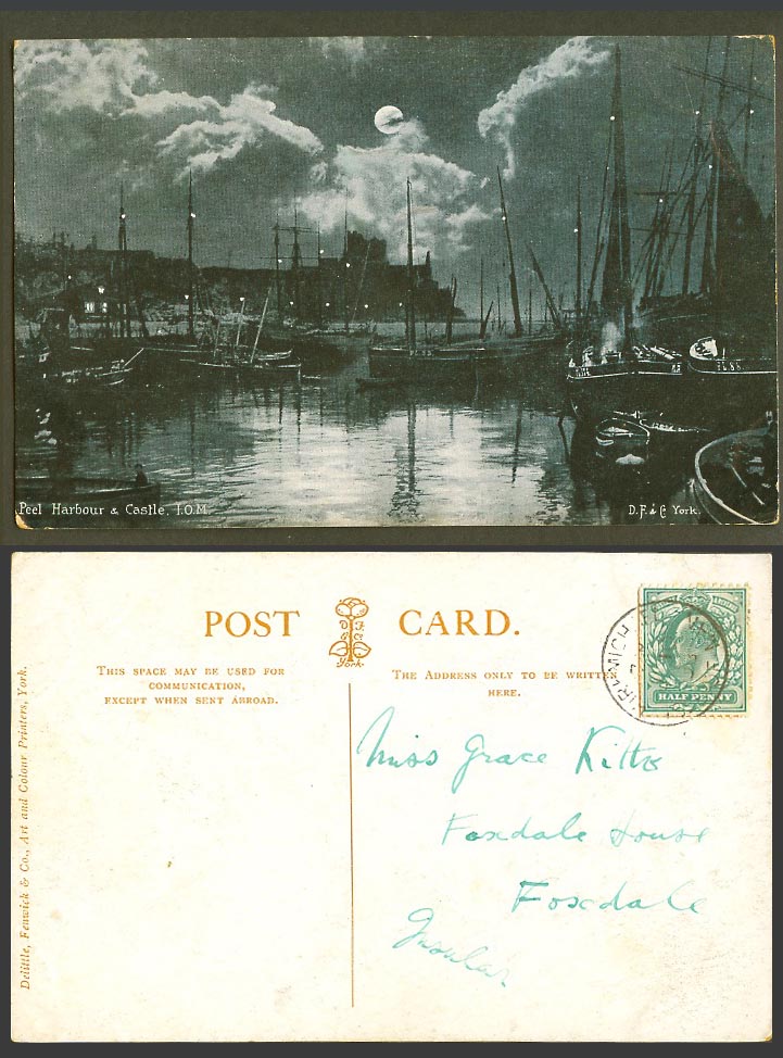 Isle of Man 1903 Old Postcard Peel Harbour & Castle, Boats Ships, Moonlight Moon