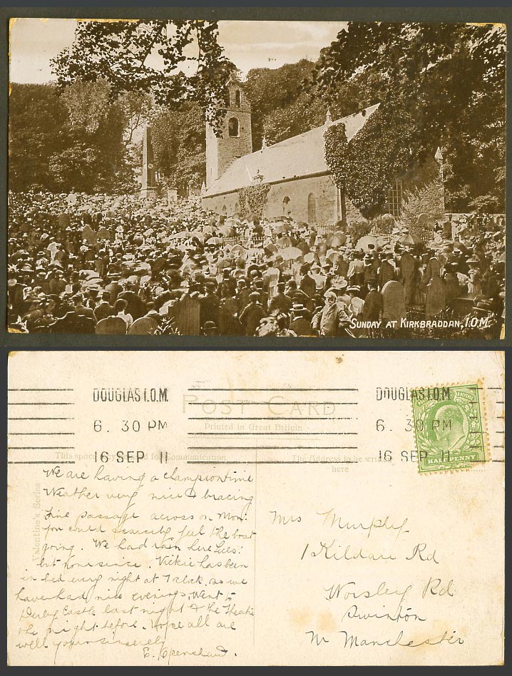 Isle of Man 1911 Old Postcard Sunday Service at KIRK BRADDAN KirkBraddan Church