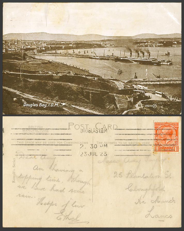 Isle of Man KG5 1d 1923 Old Postcard Douglas Bay Harbour Steamer Steam Ship Pier