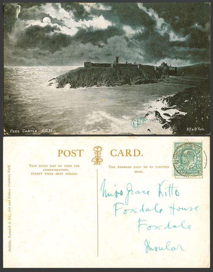 Isle of Man 1/2d 1903 Old Postcard Peel Castle by Night Moonlight Moon Rough Sea