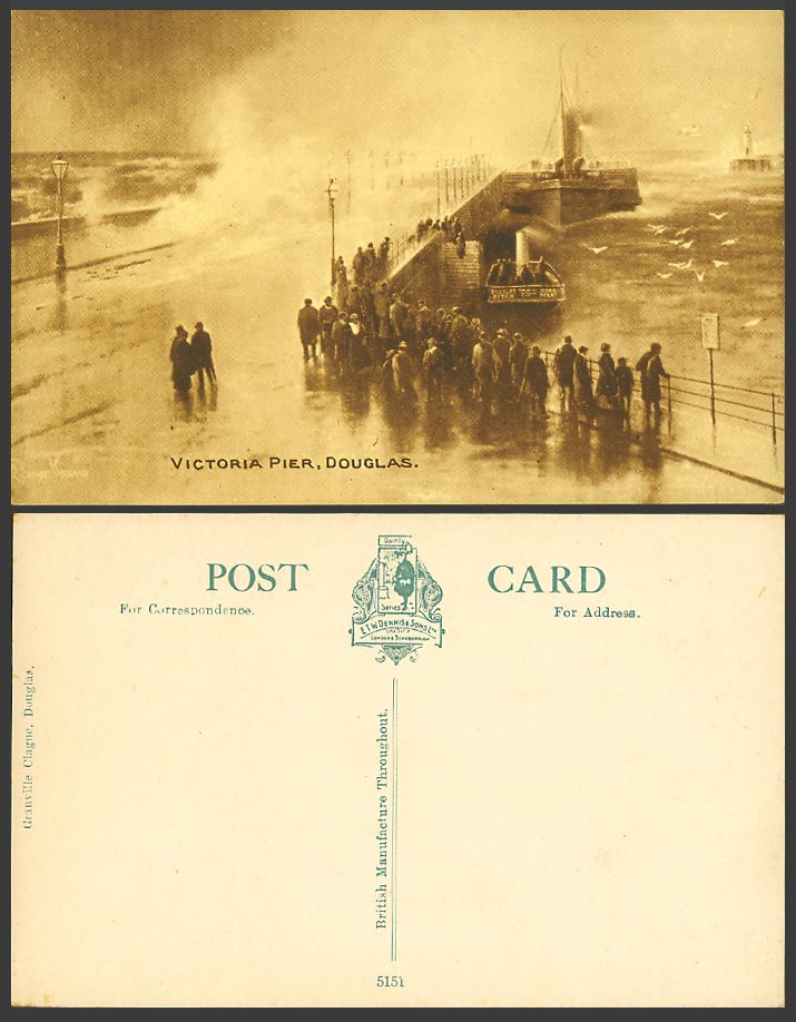 Isle of Man Old Postcard Victoria Pier, Douglas, Rough Sea Steam Ship Lighthouse