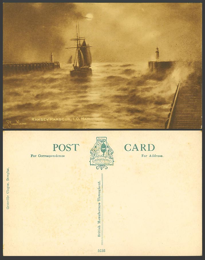 Isle of Man Old Postcard Ramsey Harbour, Sailing Boat Lighthouse Full Moon Night