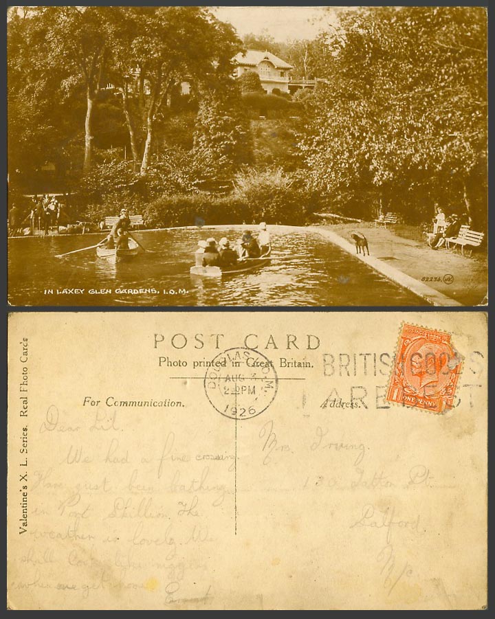 Isle of Man 1926 Old Real Photo Postcard Laxey Glen Gardens, Boating Boats, Dog