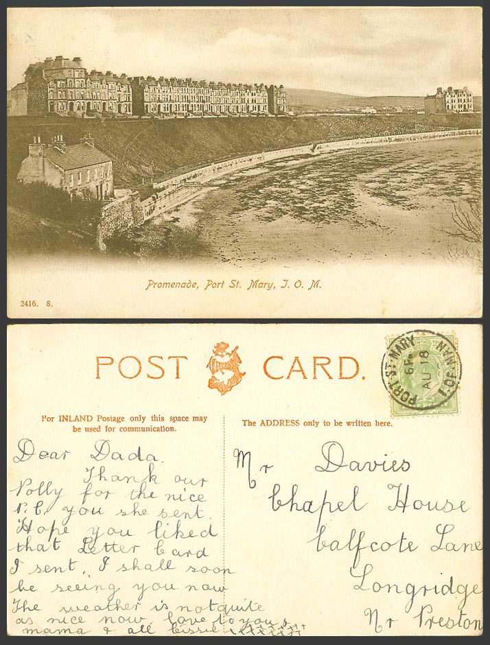 Isle of Man 1908 Old Postcard Port St. Mary Promenade Beach Seaside Panorama IOM