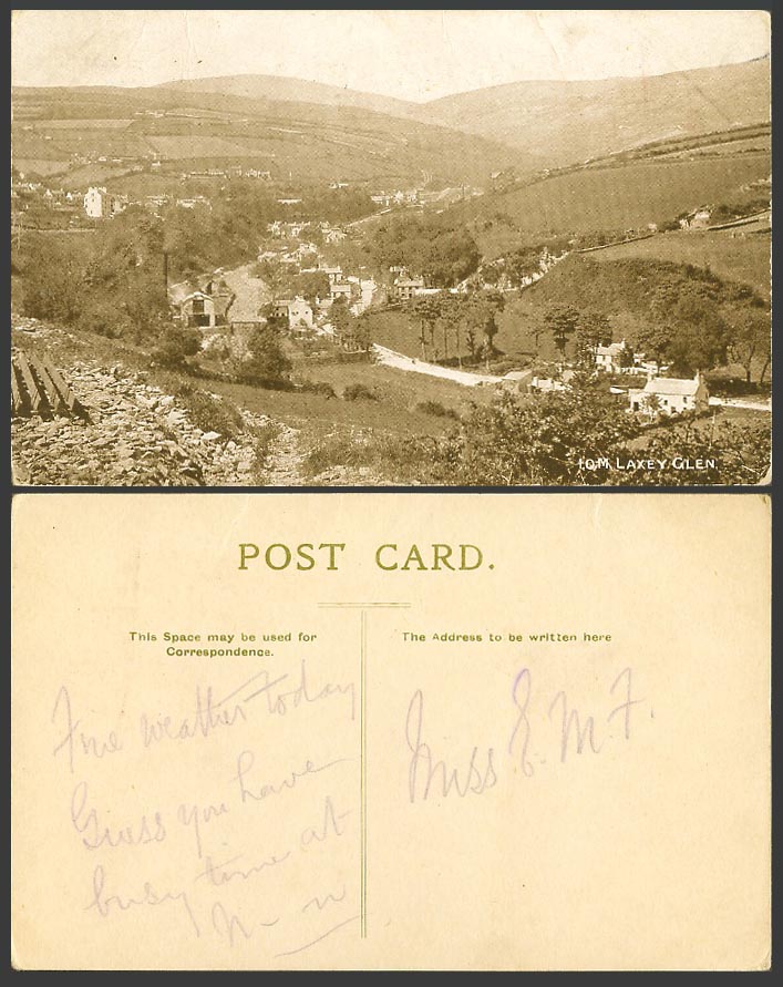 Isle of Man Old Postcard Laxey Glen Street Scene Hills Panorama General View IOM