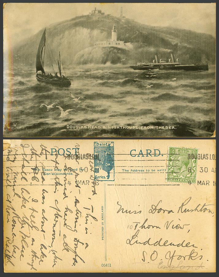 Isle of Man Elmer Keene 1916 Old Postcard Douglas Head Lighthouse from Sea Ships