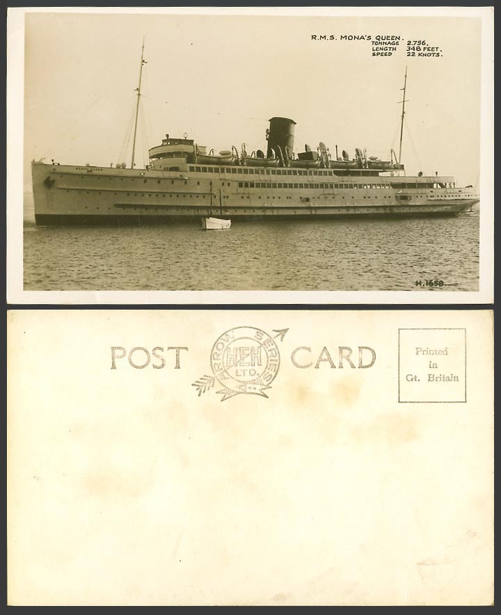 Isle of Man Old Real Photo Postcard R.M.S Mona's Queen Royal Mail Steam Ship HEH