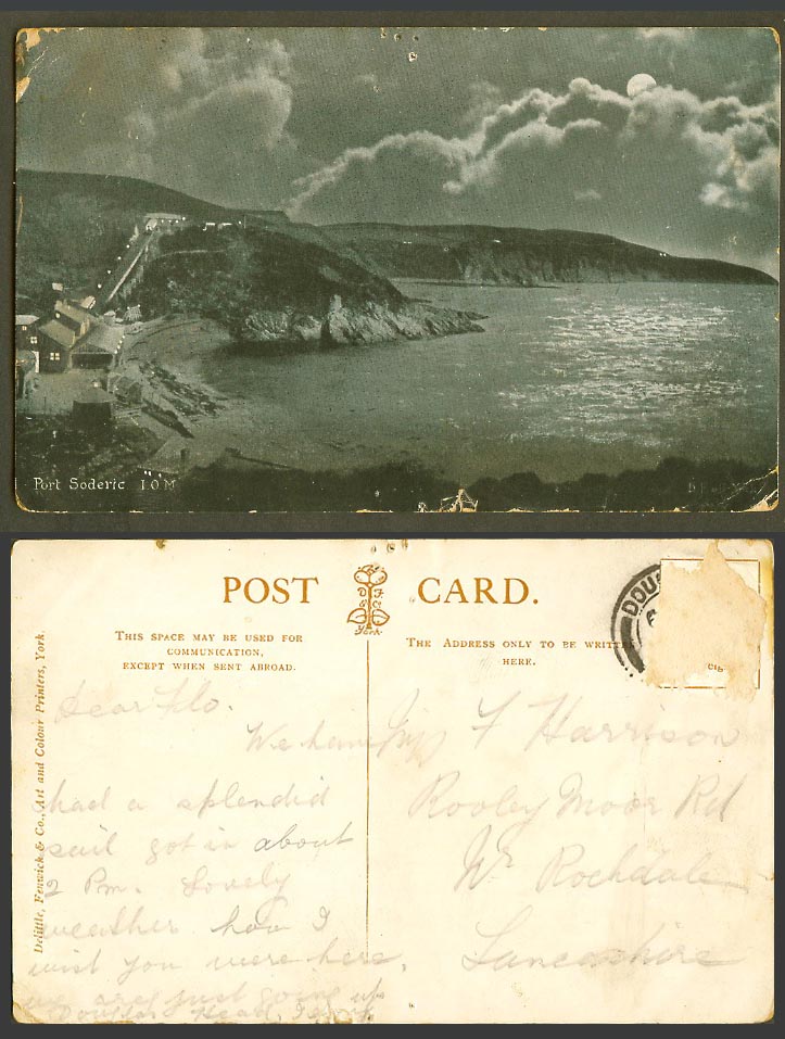 Isle of Man Old Postcard Port Soderic Soderick Panorama by Night Moonlight Moon