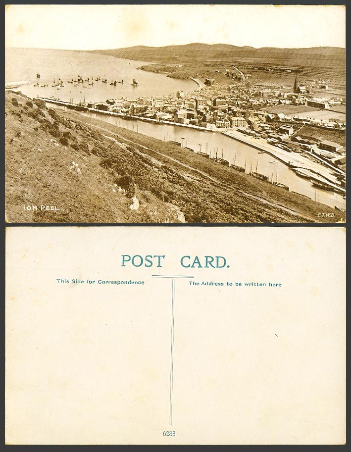 Isle of Man Old Postcard Peel, Harbour, Boats Ships, Panorama General View Hills